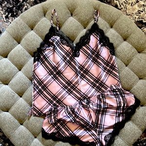 Victoria Secret Pink and Black Plaid Lace Two Piece PJ Set.